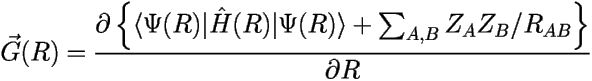 \[ \vec{G}(R)= \frac{\partial \left \{ \langle \Psi(R) | \hat{H}(R) 
| \Psi(R) \rangle + \sum_{A,B} Z_AZ_B/R_{AB} \right \} } {\partial R} \] 